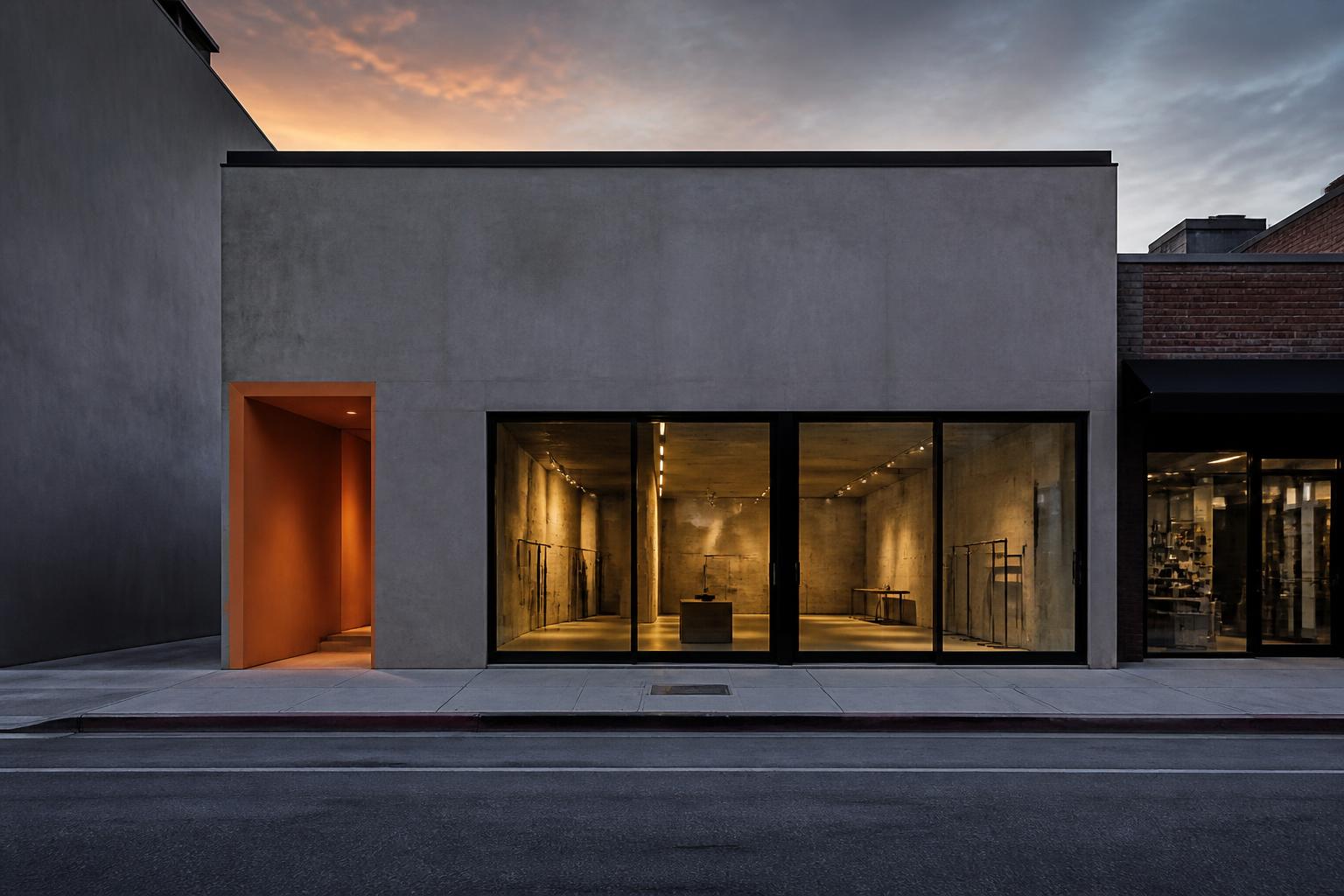 Minimal storefront facade at dusk
