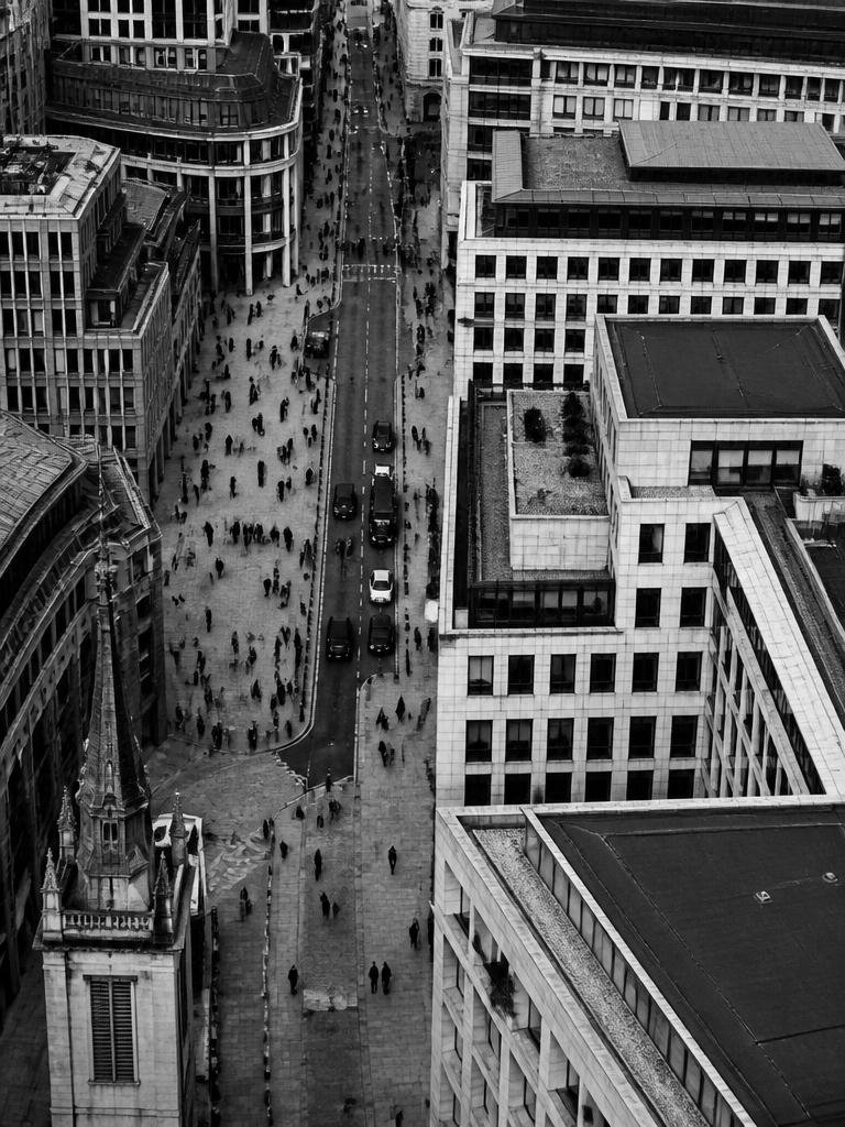 Aerial view of a busy business district street